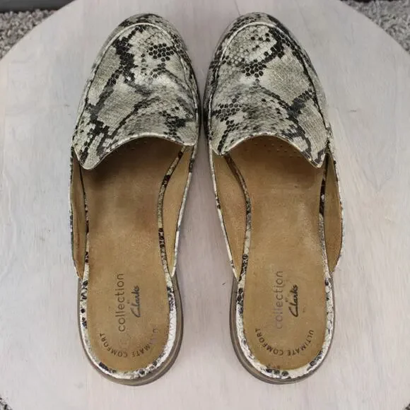 Clarks Slip On Mules Womens 8.5 Beige Leather Snake Print - Picture 8 of 9